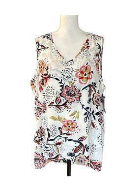 Chelsea & Theodore White Floral V-Neck Sleeveless Top